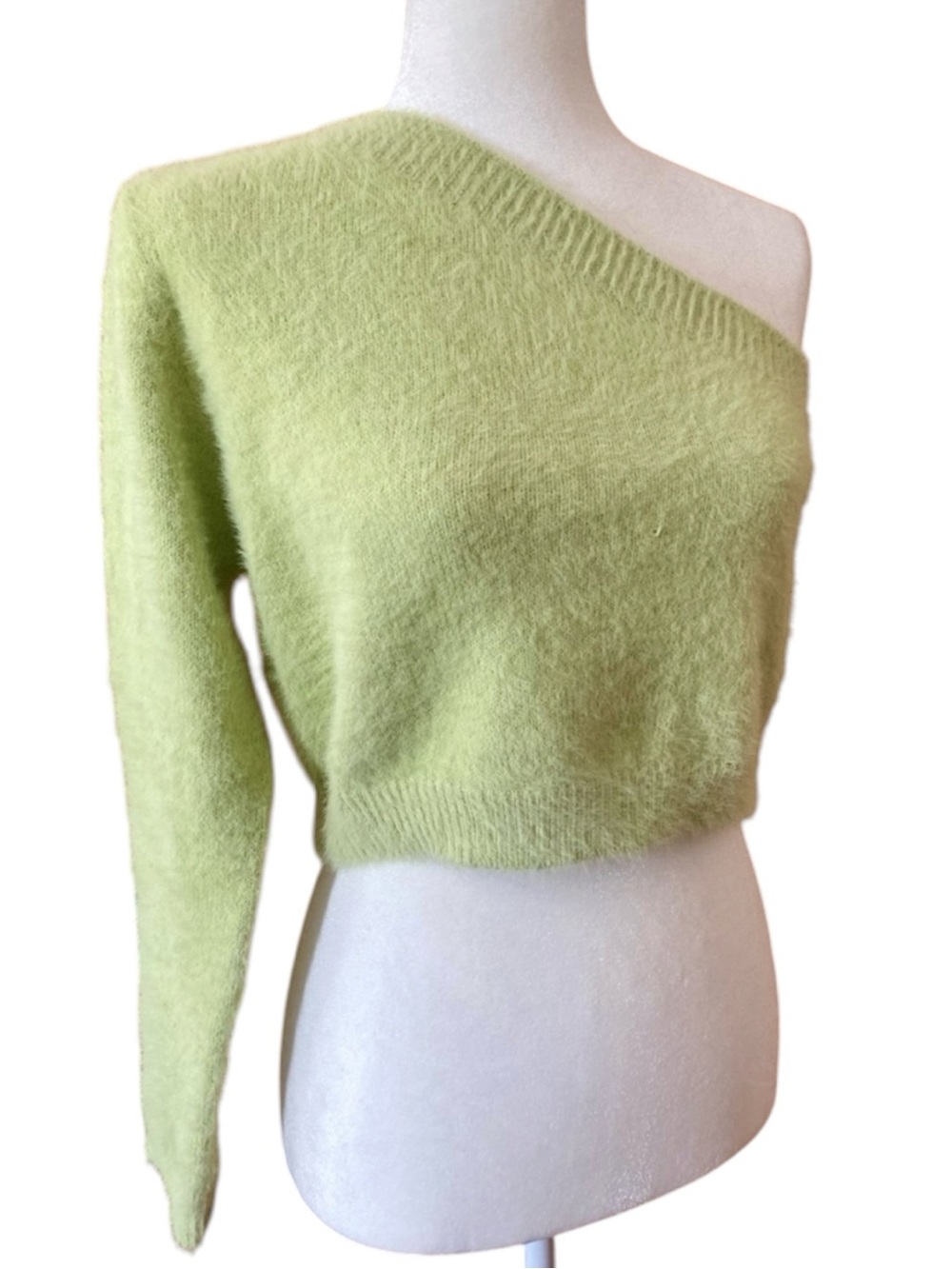 Better Be Fuzzy One Shoulder Sweater L Lime Green Eyelash Knit Crop Y2K